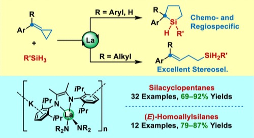 Selective Access to Silacyclopentanes and Homoallylsilanes by La-Catalyzed Hydrosilylations of 1-Aryl Methylenecyclopropanes.